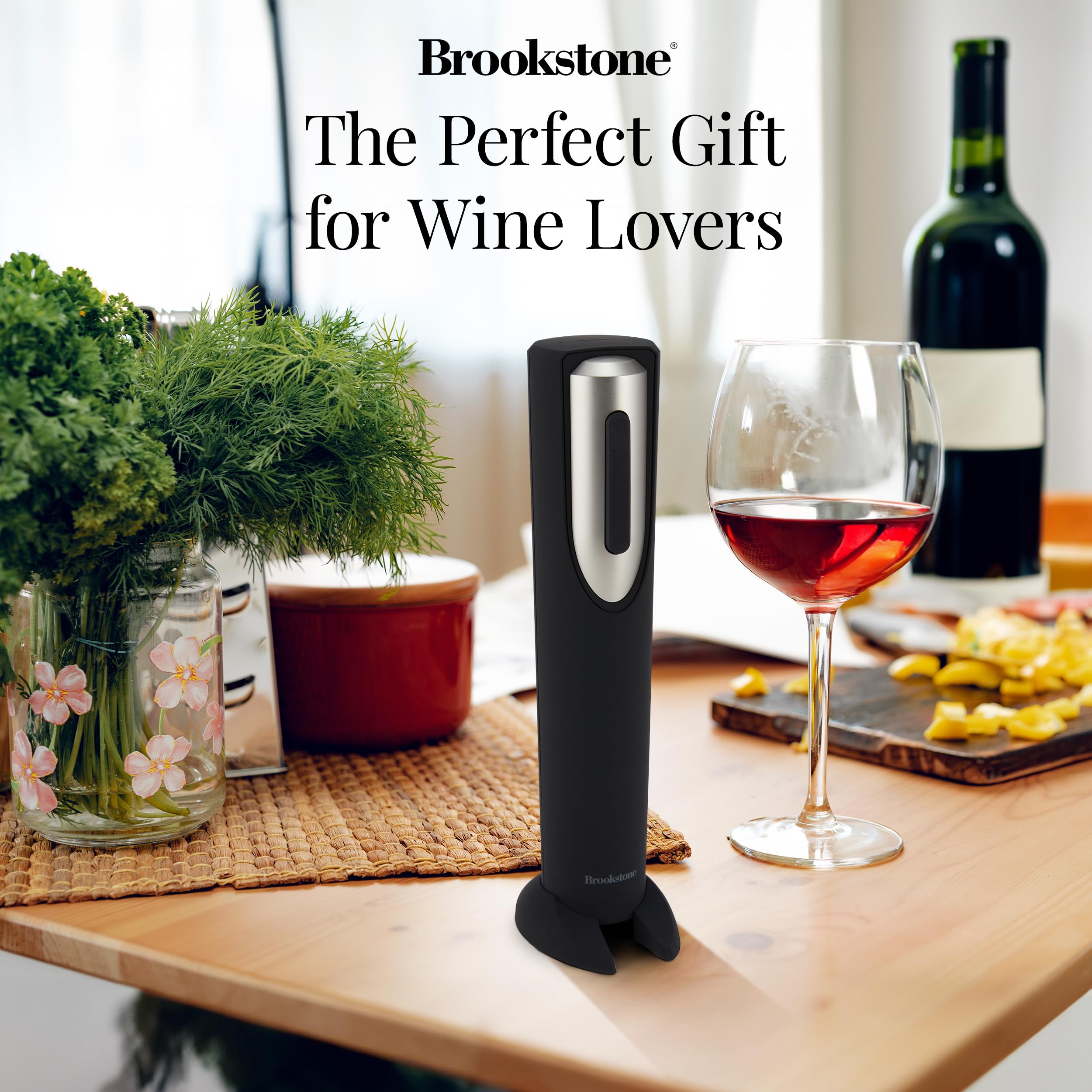 Brookstone Electric Wine Opener & Foil Cutter with Stand, Automatic Wine Bottle Opener, Battery Operated Corkscrew Opener, Kitchen, Wine Gifts for Men