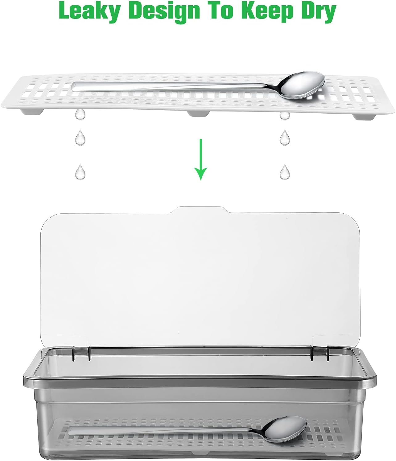 benbigbee Flatware Tray with Lid,Flatware Plastic Tray with Lid Kitchen Cutlery and Utensil Drawer Organizer Silverware Countertop Storage Container (White)