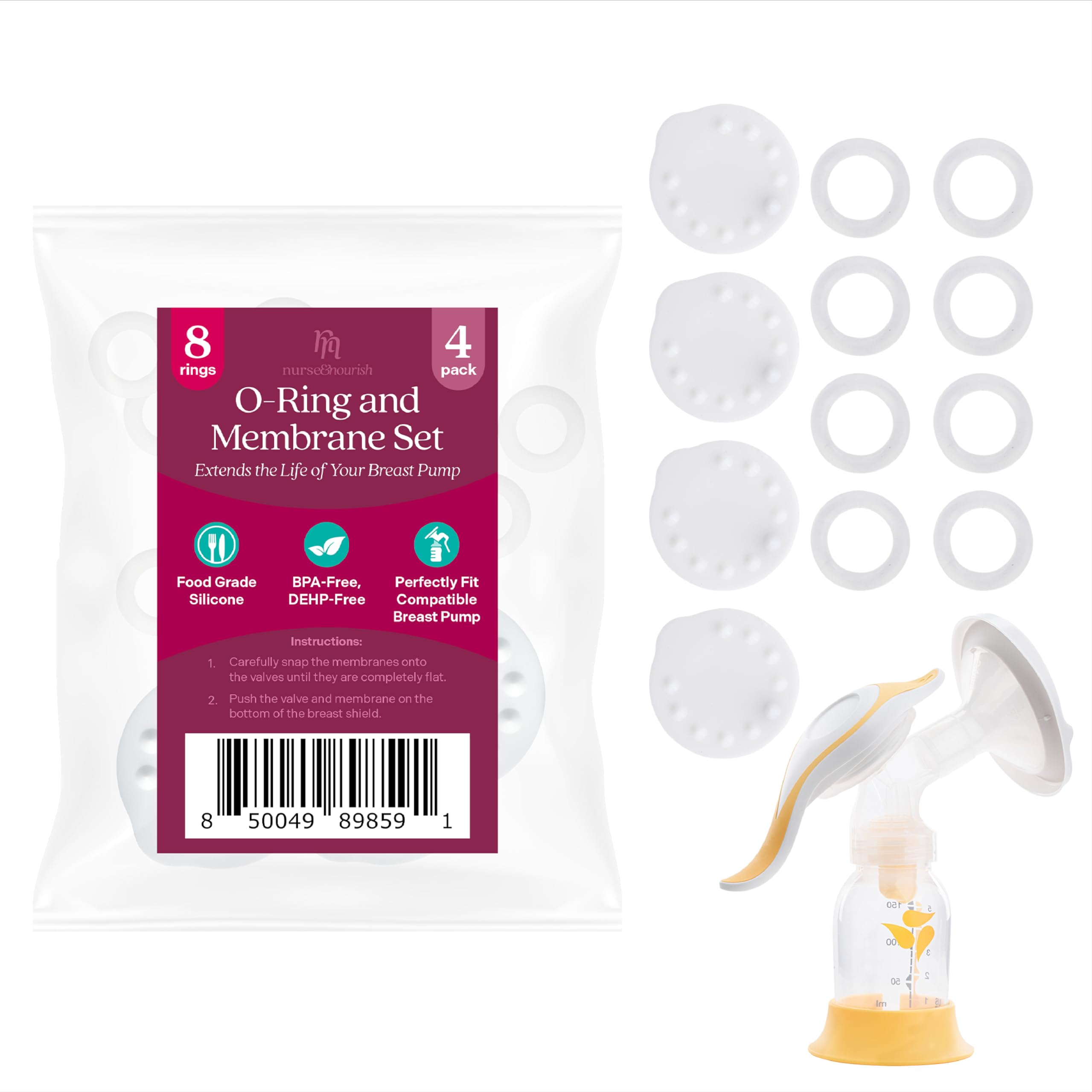 Nurse & Nourish 8 O'Rings & 4 Breast Pumps Membranes for Medela Harmony Manual Breast Pump - Nurse and Nourish Parts for Medela Hand Pump Harmony & for Medela Membrane Replacement