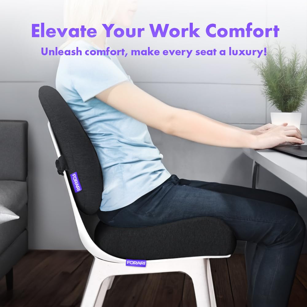 FORARI® Patented Seat Cushion for Desk Chair - Firm & Thick, Best for Back & Hip Pain Relief, Comfort for Long Sitting, with Never-Flat Gel Insert - Coccyx, Sciatica, Tailbone (Black)