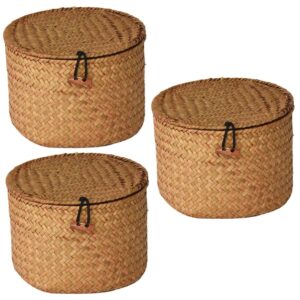 NOLITOY 3pcs Storage Box with Lid Round Shelf Vegetable Tray with Lid Hand Decor Storage Baskets for Shelf Woven Sundry Box Baskets for Organizing Seaweed Baskets Straw Shelf Baskets Woven