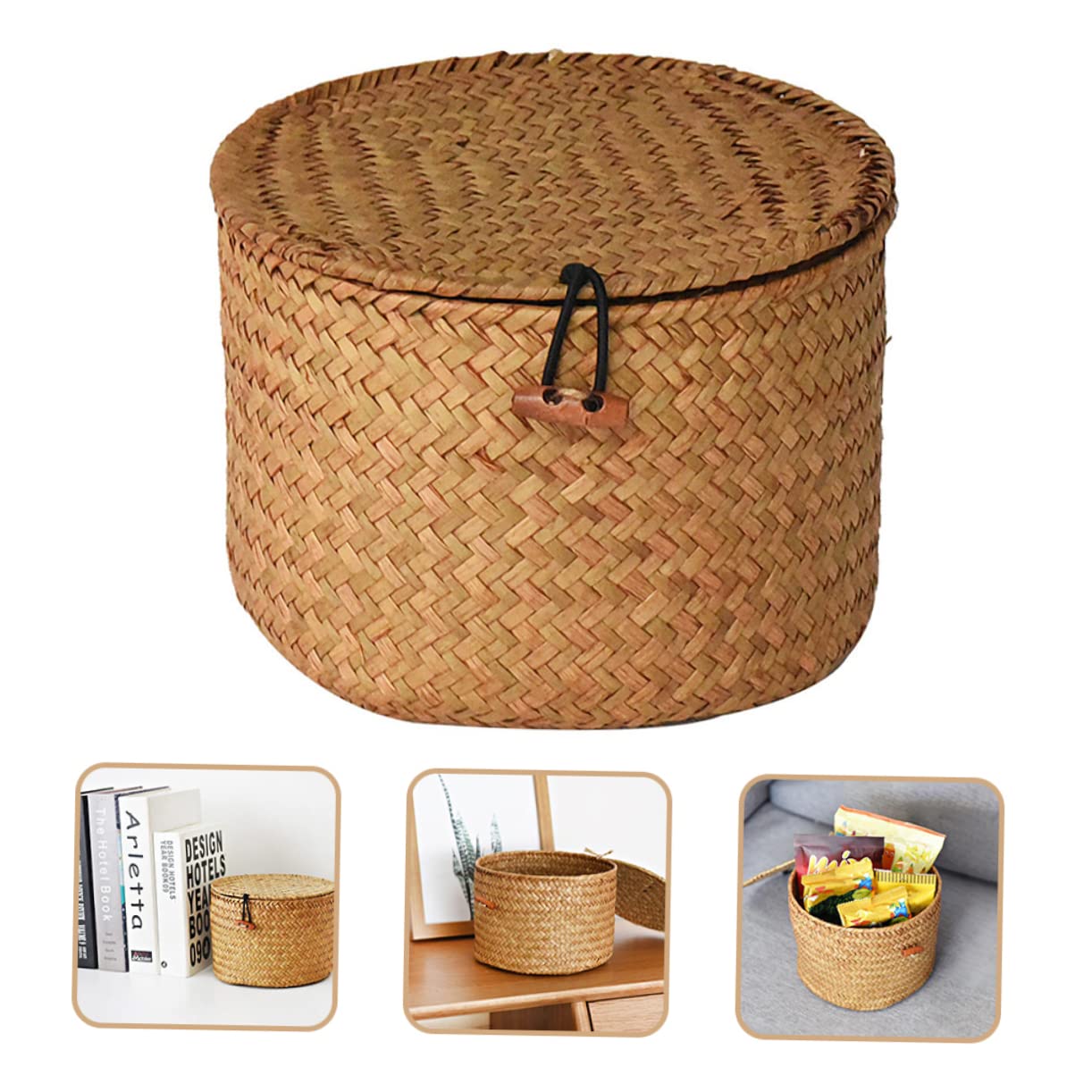 NOLITOY 3pcs Storage Box with Lid Round Shelf Vegetable Tray with Lid Hand Decor Storage Baskets for Shelf Woven Sundry Box Baskets for Organizing Seaweed Baskets Straw Shelf Baskets Woven