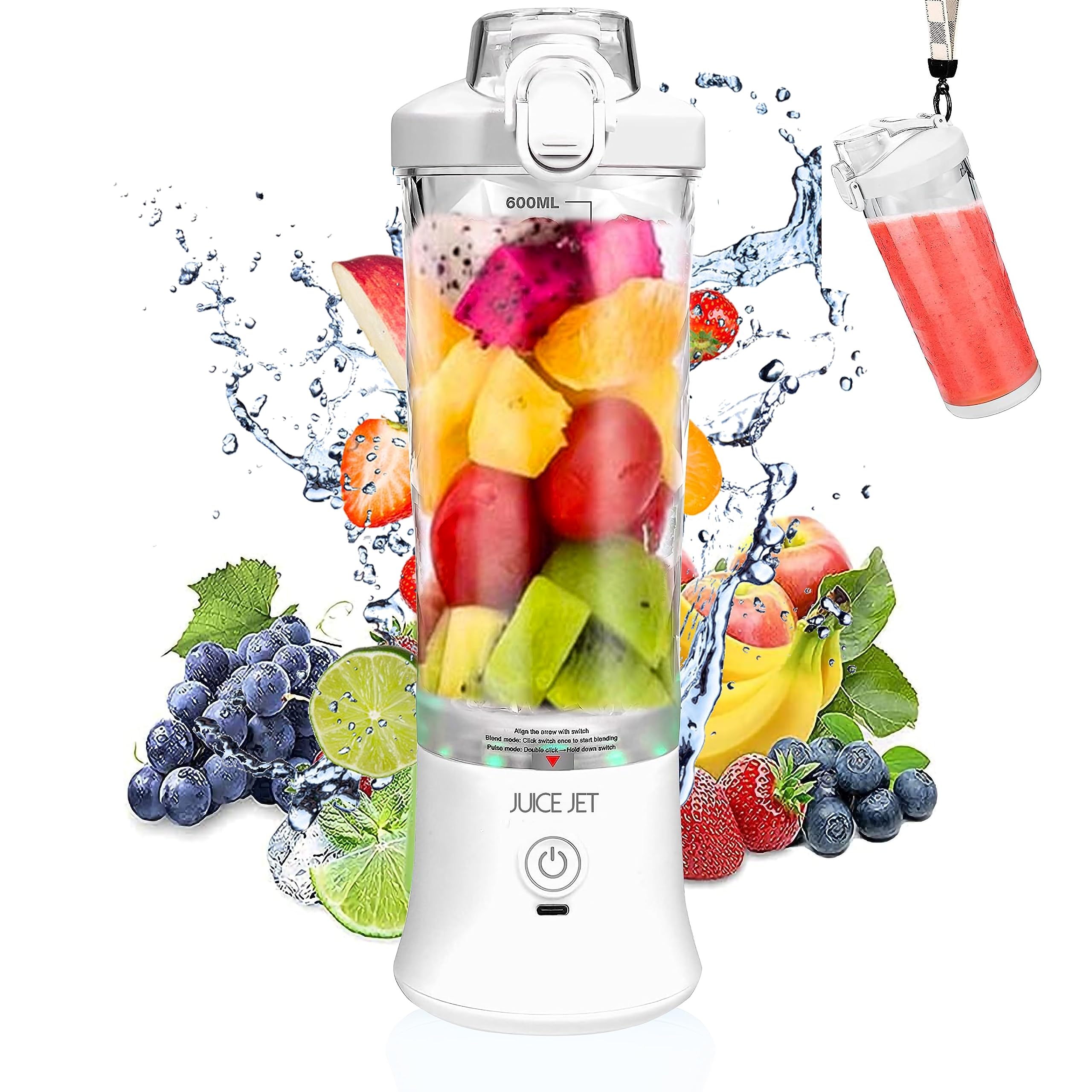 Juice Jet, 20oz Portable Blender, 6 Blade Mixer, USB Rechargeble, Personal Size Blender, High Speed, with Travel Lid, BPA Free, Gym, Home, Outdoor, Office, Family (White)