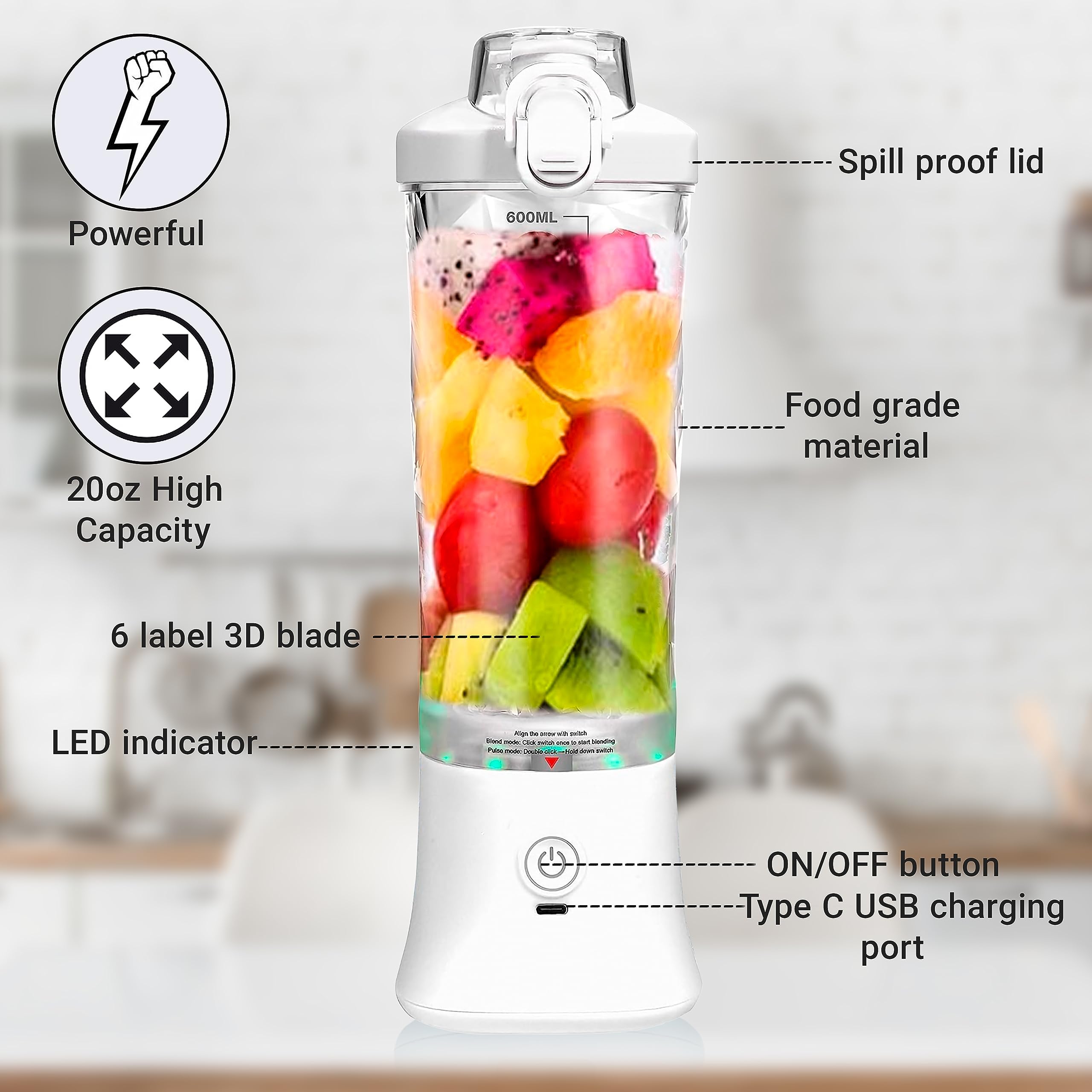 Juice Jet, 20oz Portable Blender, 6 Blade Mixer, USB Rechargeble, Personal Size Blender, High Speed, with Travel Lid, BPA Free, Gym, Home, Outdoor, Office, Family (White)