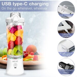Juice Jet, 20oz Portable Blender, 6 Blade Mixer, USB Rechargeble, Personal Size Blender, High Speed, with Travel Lid, BPA Free, Gym, Home, Outdoor, Office, Family (White)
