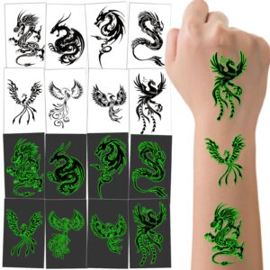 16 sheets luminous dragon phoenix temporary tattoos glow in the dark dragon birthday party decorations supplies favors for kids adults, goodie bag fillers