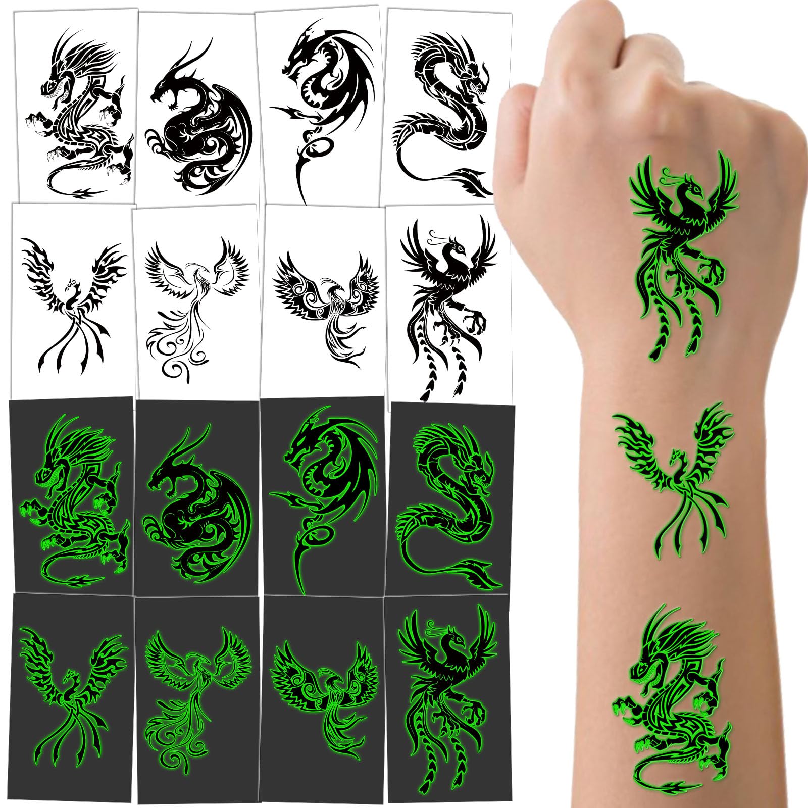 16 Sheets Luminous Dragon Phoenix Temporary Tattoos Glow in The Dark Dragon Birthday Party Decorations Supplies Favors for Kids Adults, Goodie Bag Fillers