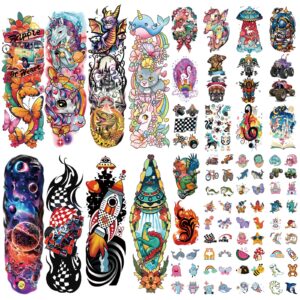52 pcs kids full arm temporary tattoo, fake tattoos for kids, rocket car dinosaur planet astronaut tattoo for boy, dolphin castle cat body arm tattoos stickers for girl, party supplies gifts for kids