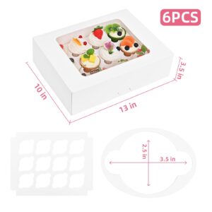 Fyrnova 6PCS Cupcake Boxes, White Cupcake Containers 12 Count with Window, Cookie Boxes, Food Grade Treat Boxes for Holiday, Wedding, Birthday Party, Bakery Supplies