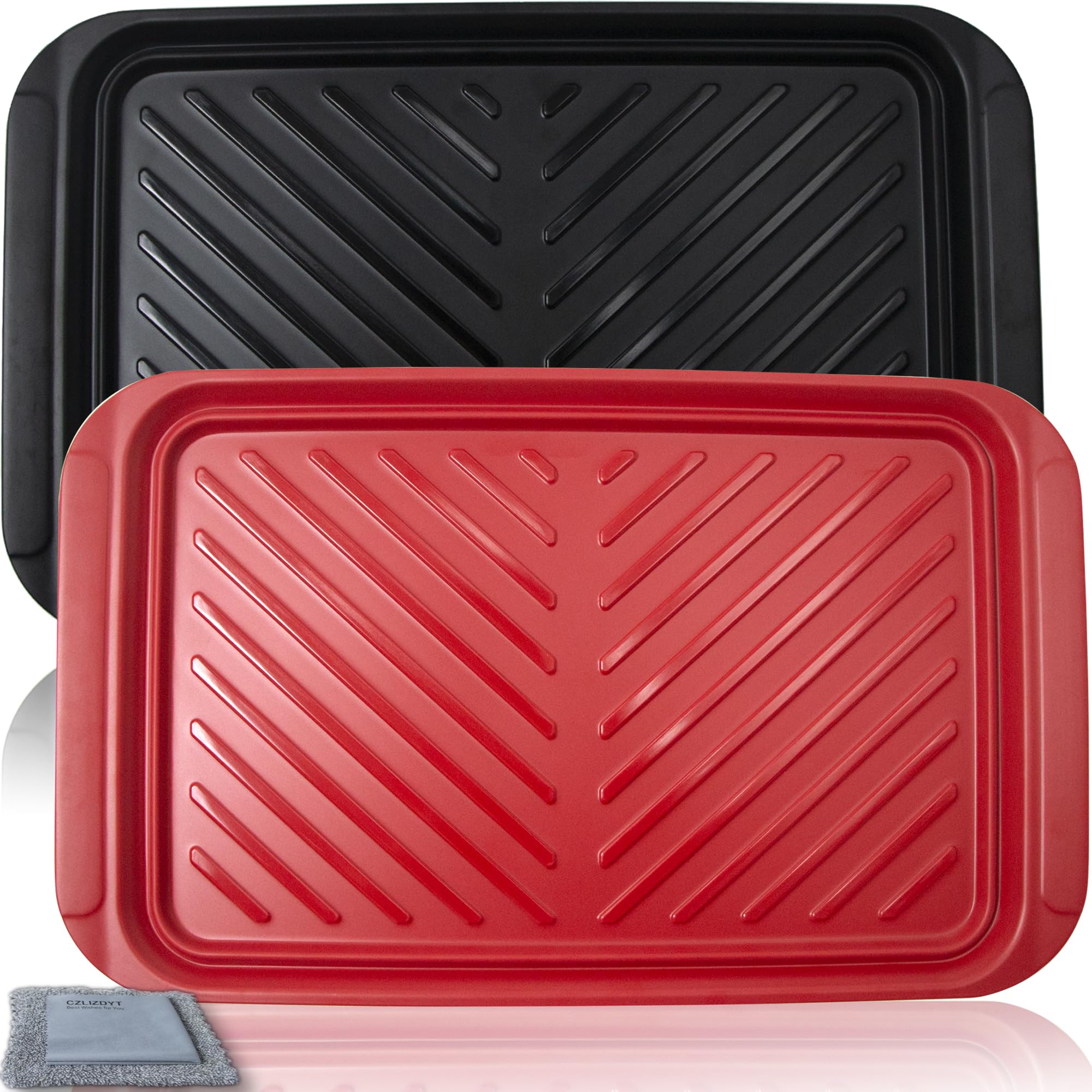 Czlizdyt Grilling Prep and Serve Trays, BBQ Tray for Raw and Cooked Food, Melamine Serving Trays for Food, Set of 2, Black and Red, Napkin and Cleaning Clothes Included