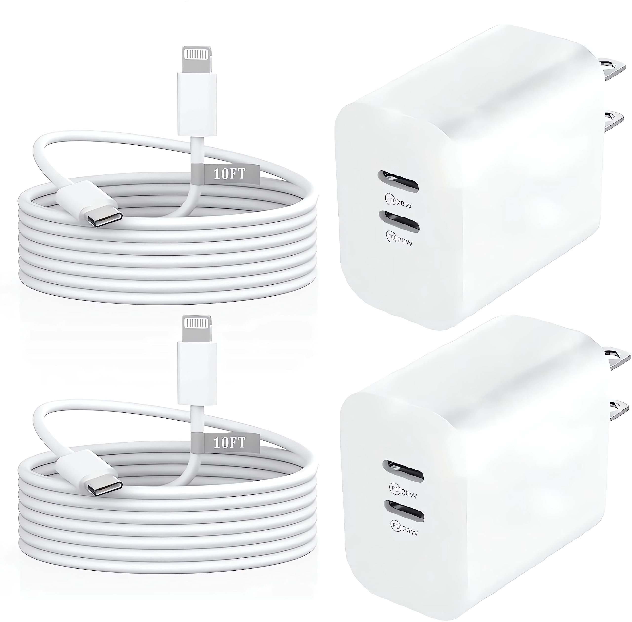 USB C Fast Charger,[MFi Certified] 2 Pack 40W Dual Port Charger Fast Charging with 10 FT Long Type C to Lightning Cable 20W PD Power Adapter for iPhone 14 13 12 11 Pro Xs Xr X 8 Block