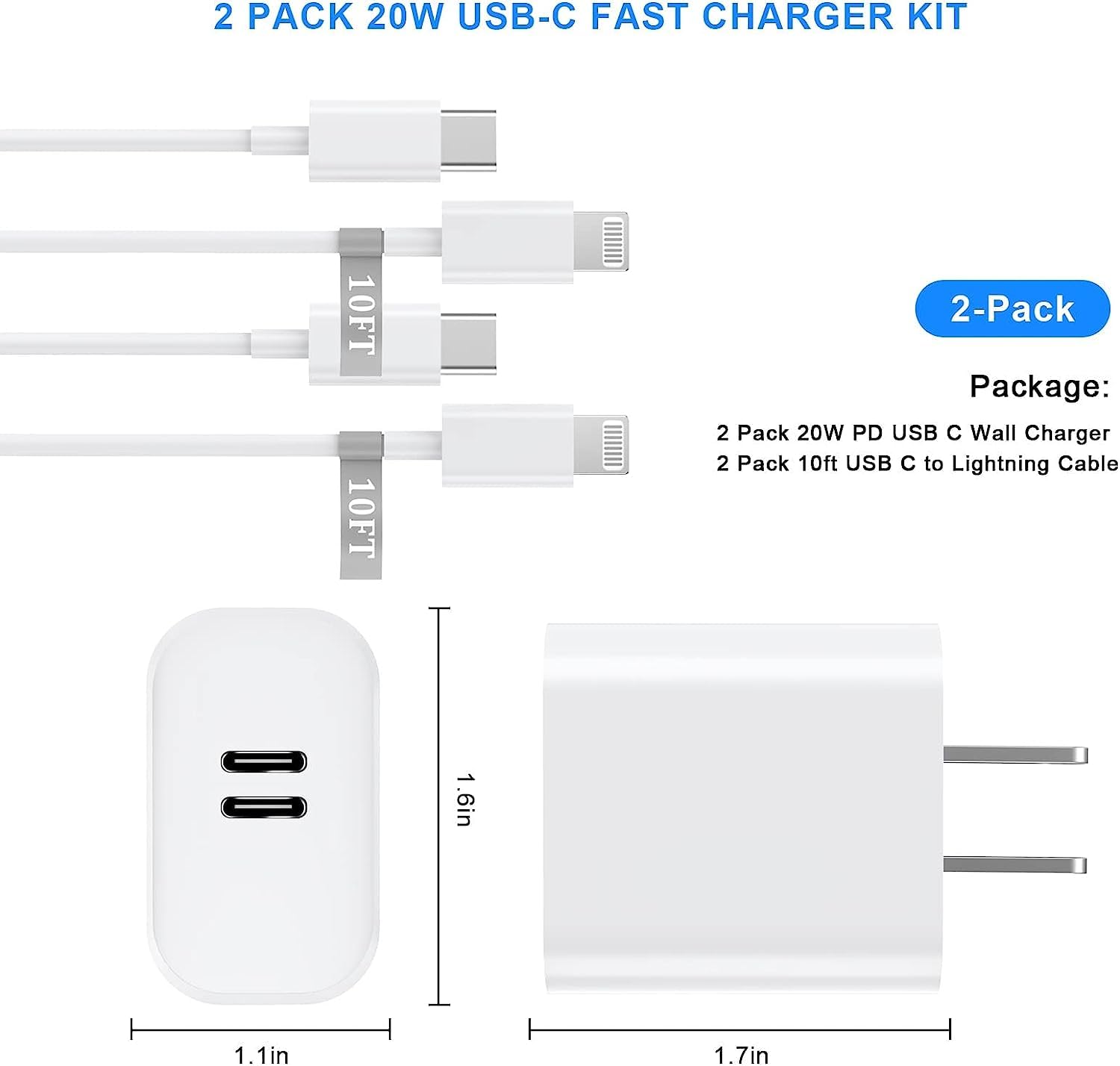 USB C Fast Charger,[MFi Certified] 2 Pack 40W Dual Port Charger Fast Charging with 10 FT Long Type C to Lightning Cable 20W PD Power Adapter for iPhone 14 13 12 11 Pro Xs Xr X 8 Block