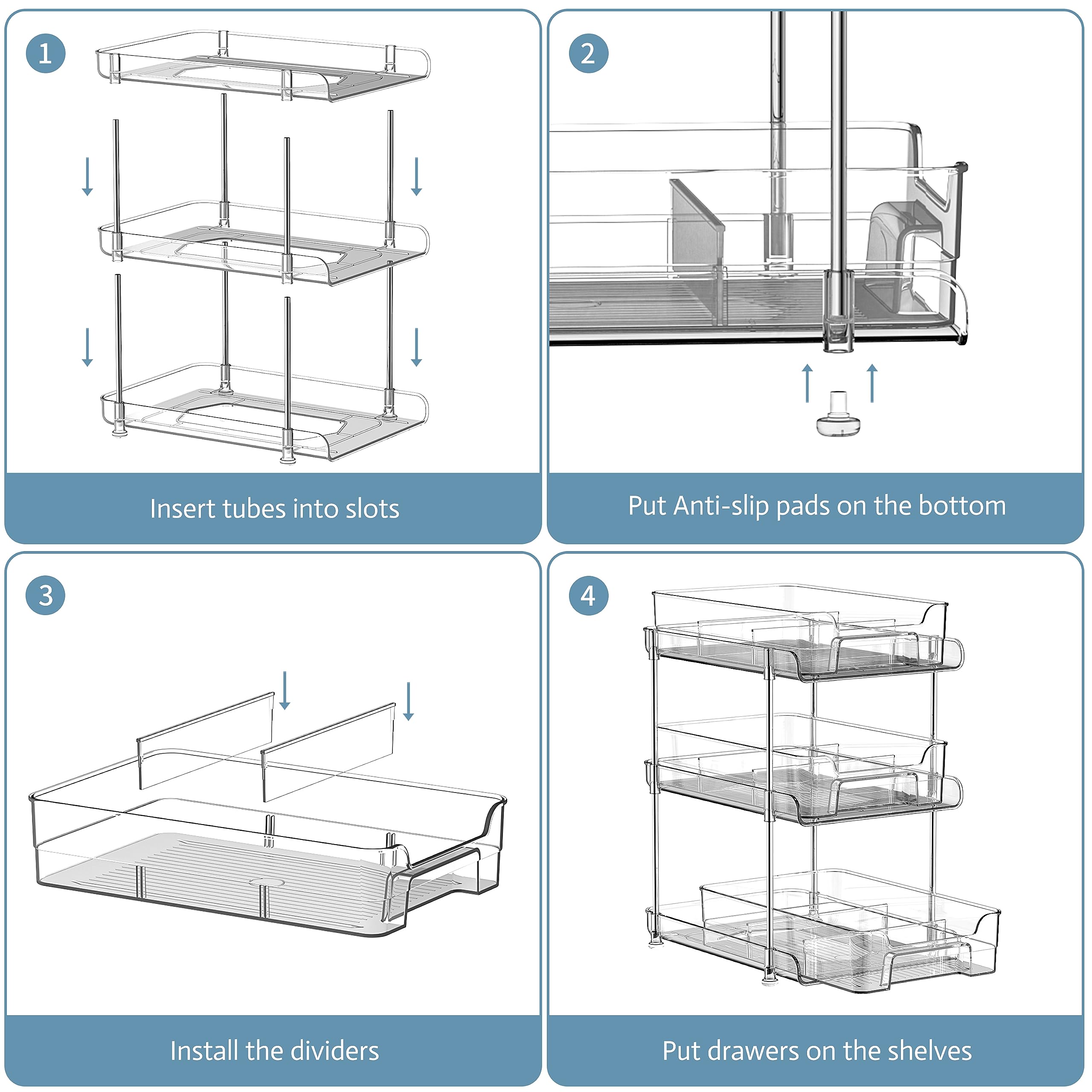 BeaFota 3 Tier Clear Pull Out Organizer with 3pcs Storage Bins, Large Size Multi-Purpose Slide-Out Storage Container, Bathroom Vanity Counter Organizing Tray, Kitchen Pantry Medicine Cabniet Bins