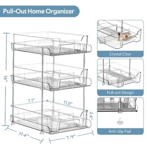 BeaFota 3 Tier Clear Pull Out Organizer with 3pcs Storage Bins, Large Size Multi-Purpose Slide-Out Storage Container, Bathroom Vanity Counter Organizing Tray, Kitchen Pantry Medicine Cabniet Bins