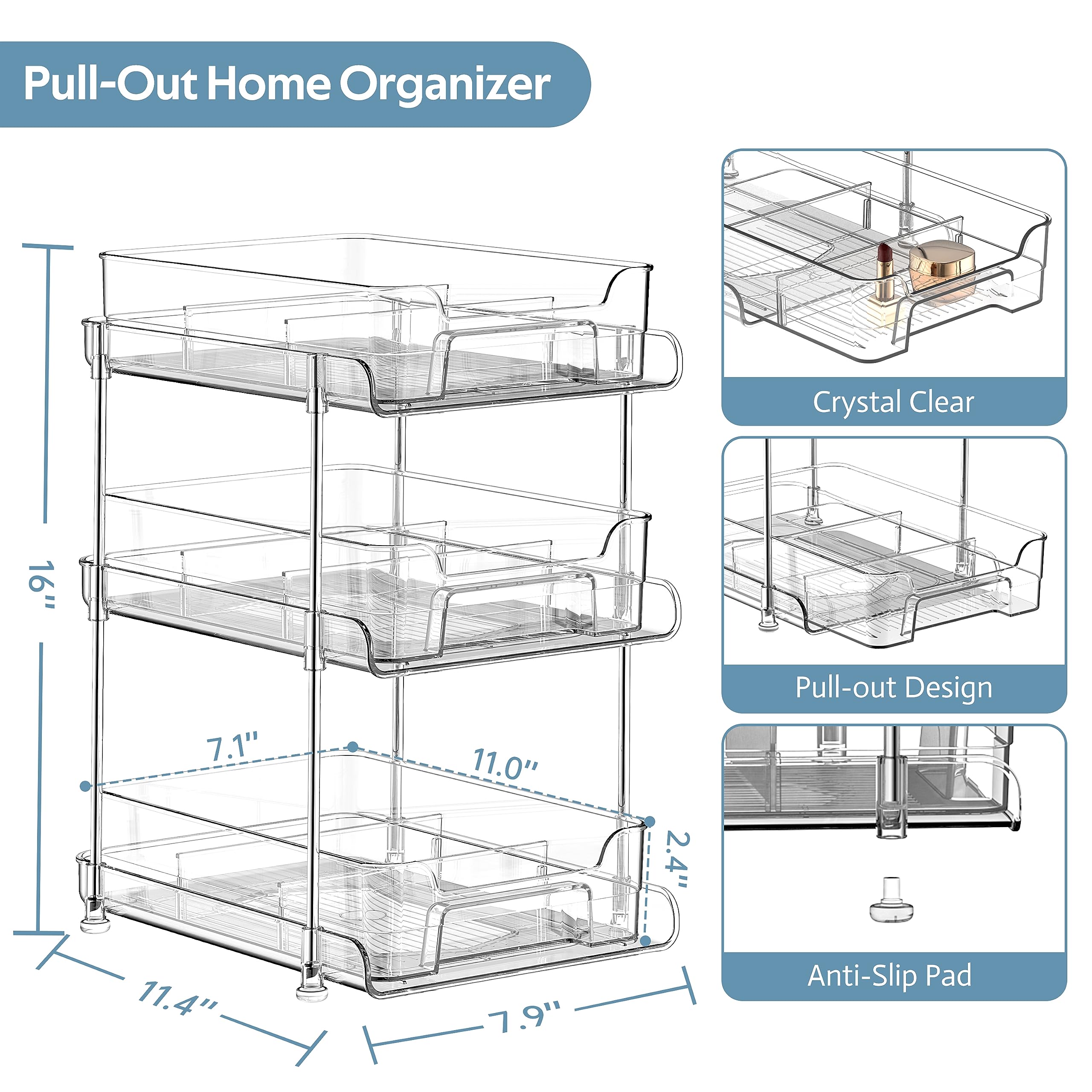 BeaFota 3 Tier Clear Pull Out Organizer with 3pcs Storage Bins, Large Size Multi-Purpose Slide-Out Storage Container, Bathroom Vanity Counter Organizing Tray, Kitchen Pantry Medicine Cabniet Bins