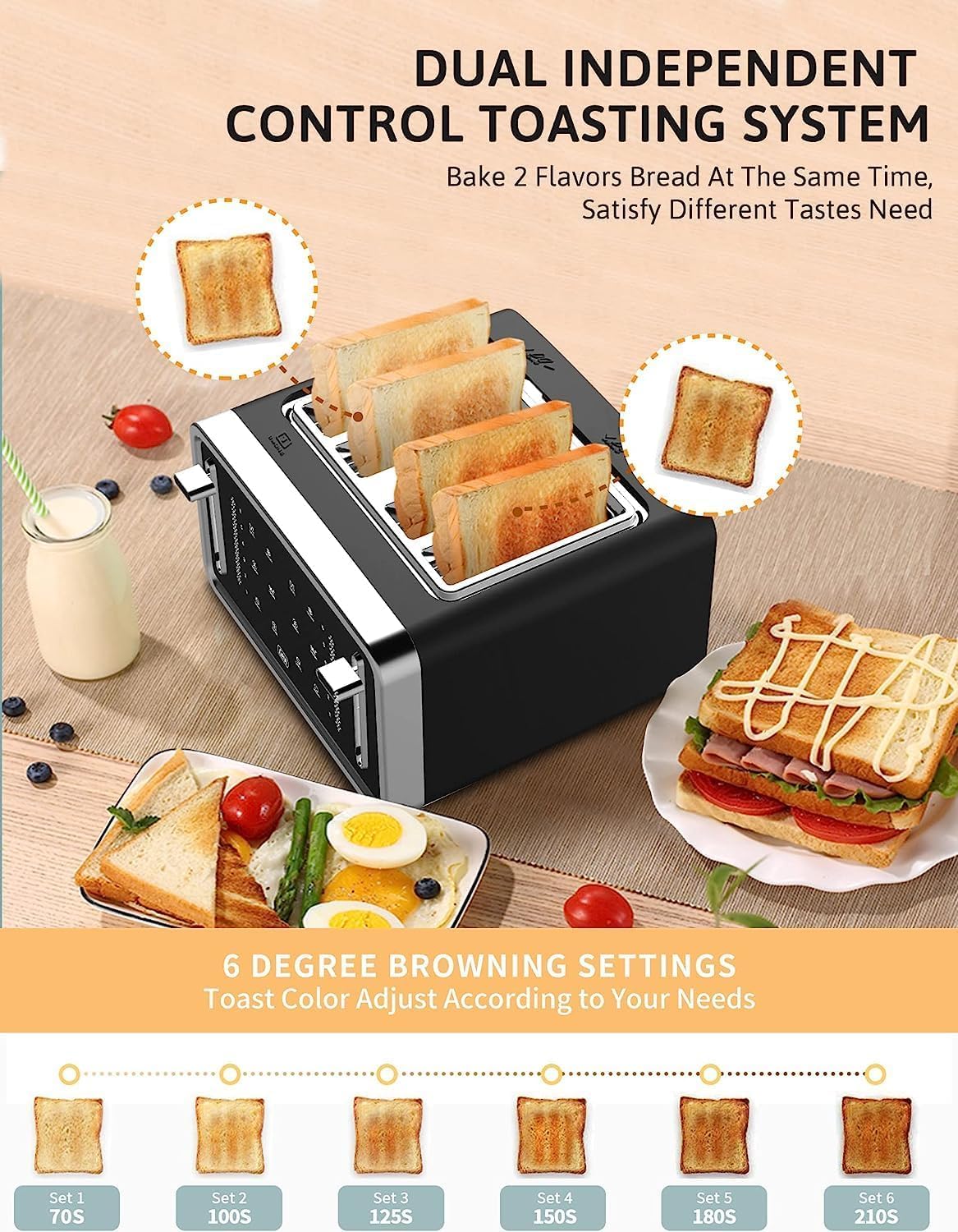 Gevi Toaster 4 Slice,Led Display Touchscreen Bagel Toaster with Dual Control Panels of Bagel/Reheat/Defrost/Cancel/Toasting One Slice/Longer Function,6 Shade Setting