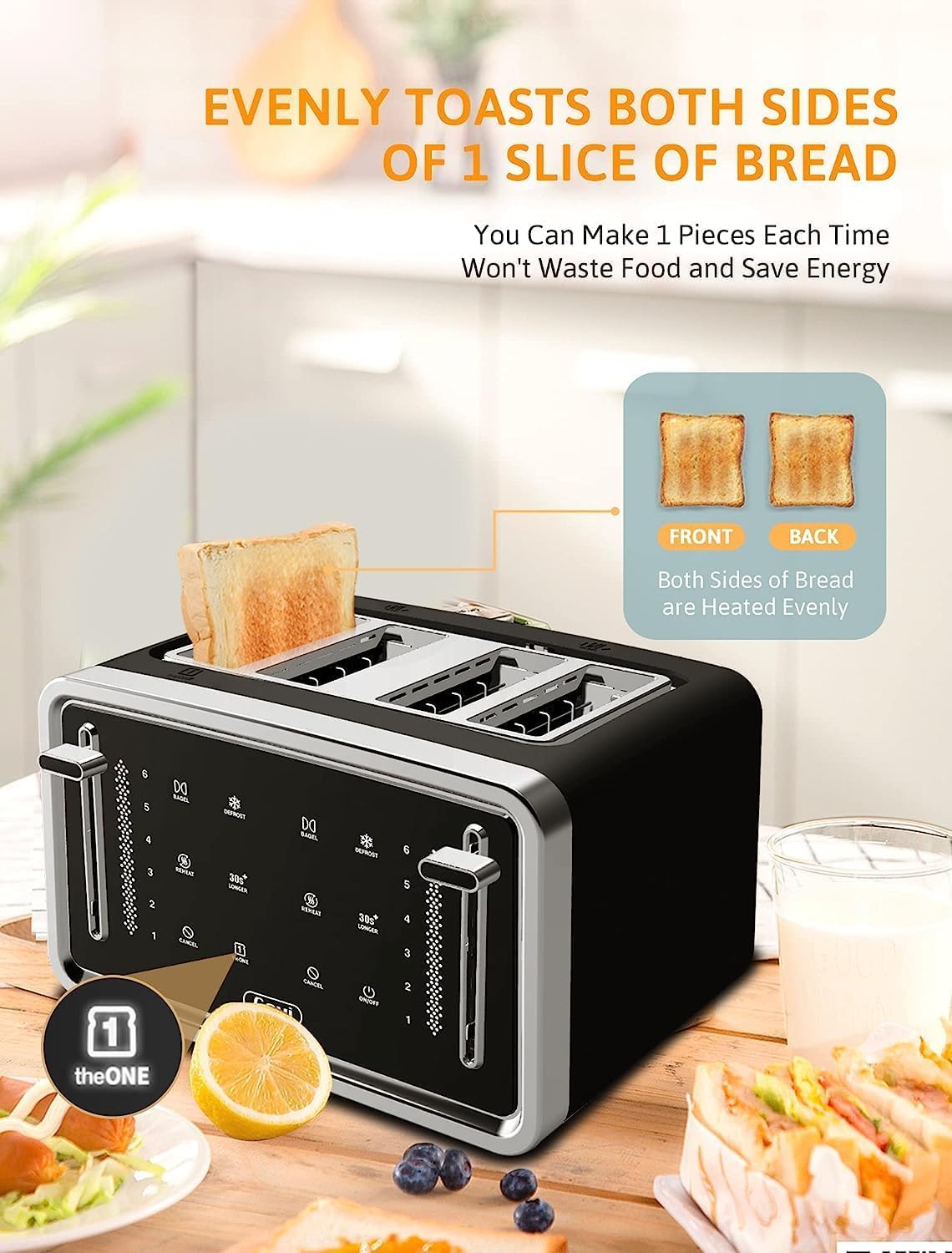 Gevi Toaster 4 Slice,Led Display Touchscreen Bagel Toaster with Dual Control Panels of Bagel/Reheat/Defrost/Cancel/Toasting One Slice/Longer Function,6 Shade Setting