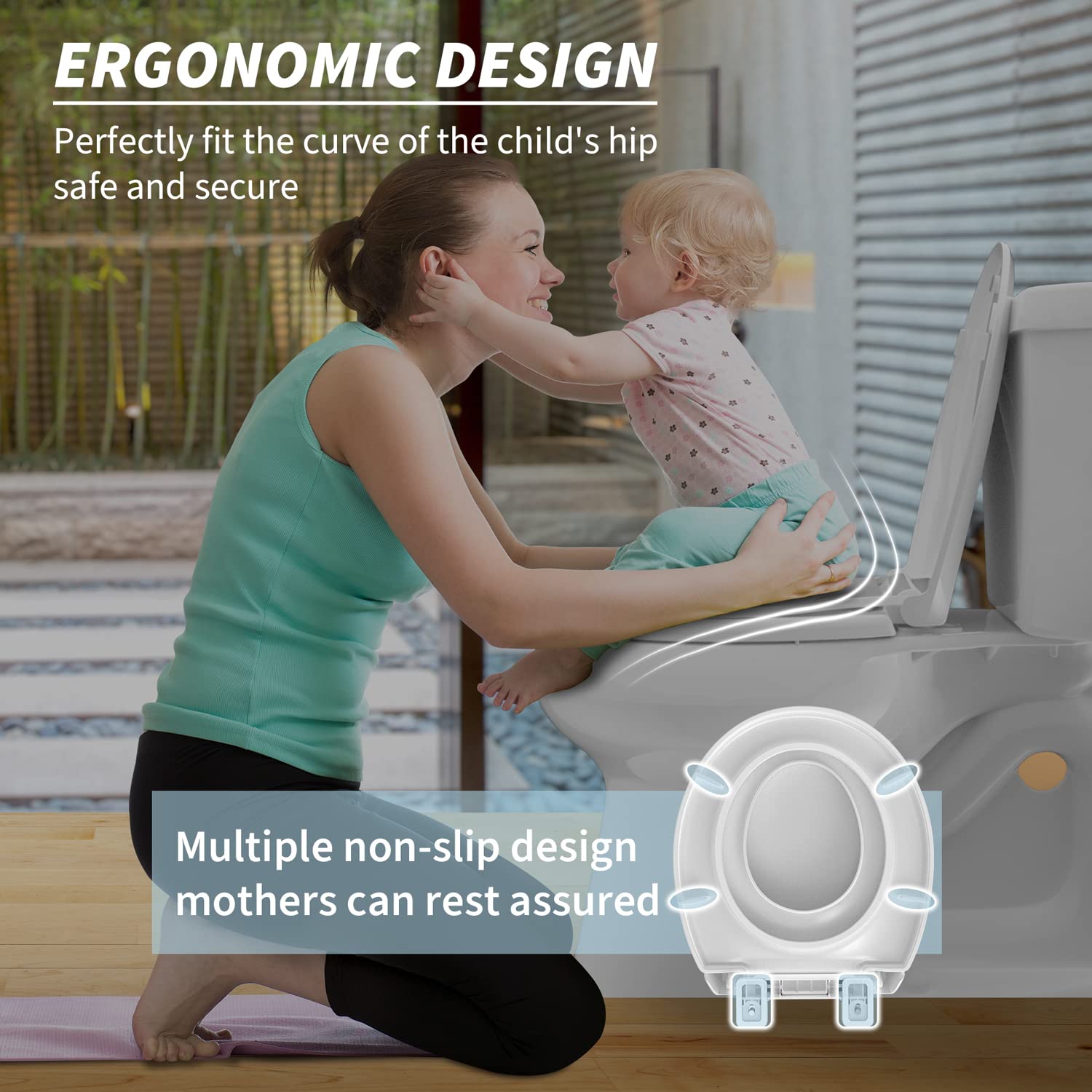 Toilet seat with toddler seat built in, Potty training toilet seat, Magnetic kids toilet seat, Fits both adult and child, Slow-Close, Toddler toilet seat attachment, ROUND, White(16.5”)