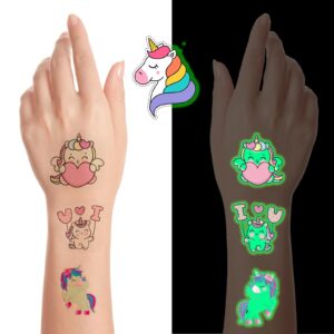 xsiuotis unicorn birthday party favors - 51 pcs temporary tattoos individually wrap glow in the dark | assorted goodies for party supplies, goody bag stuffers