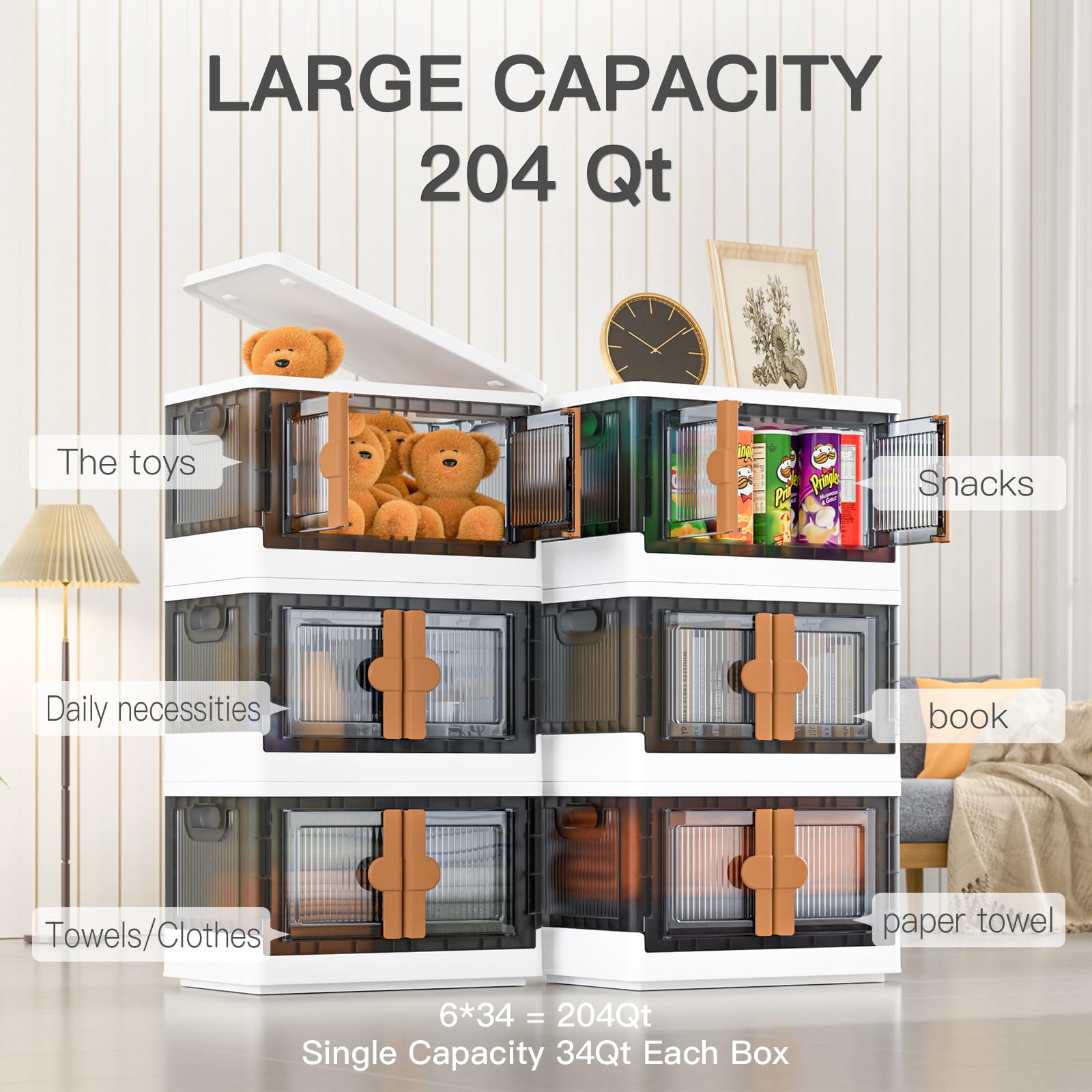 Closet Organizers and Storage, 204 Qt-6 Pack Storage Bins with Lids and Wheels, Collapsible Stackable Storage Bins, Plastic Foldable Box Storage Containers for Home, Ofiice, Dorm Room Essentials