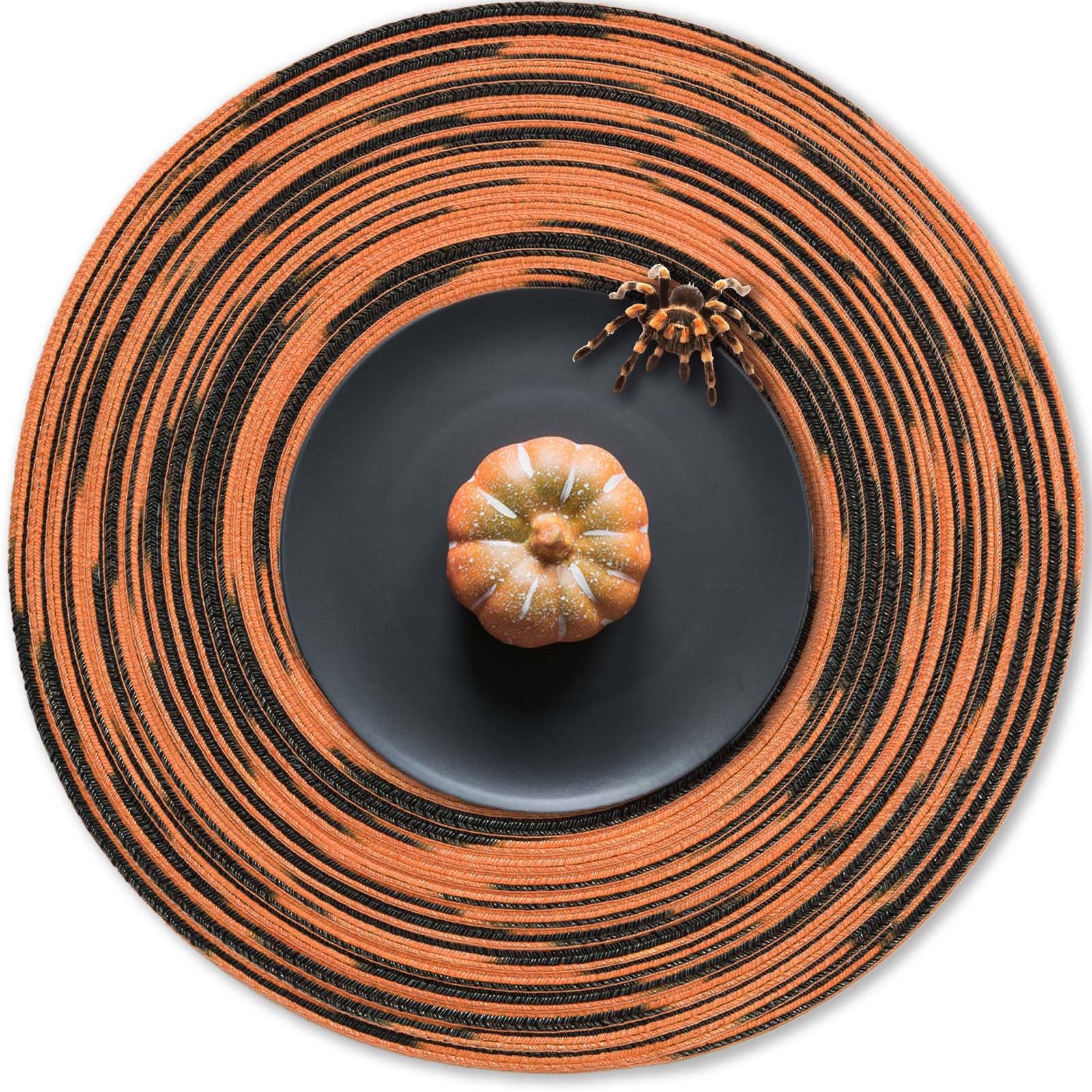 AHHFSMEI Round Braided Halloween Placemats 15 Inch Round Table Mats for Dining Tables Natural Woven Heat Resistant Place mats Set of 6 (Orange Black)