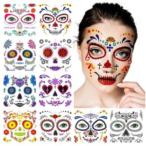 amaxiu day of the dead face temporary tattoos, 10 sheets halloween floral sugar skull temporary face tattoos stickers makeup kit on cheek eye forehead nose mouth for halloween masquerade party