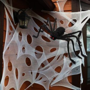 linaye giant spider webs with 35" realistic spider, 180 sqft stretchy beef netting with large scary spider, spider web cobwebs halloween decorations decor for outdoor indoor yard