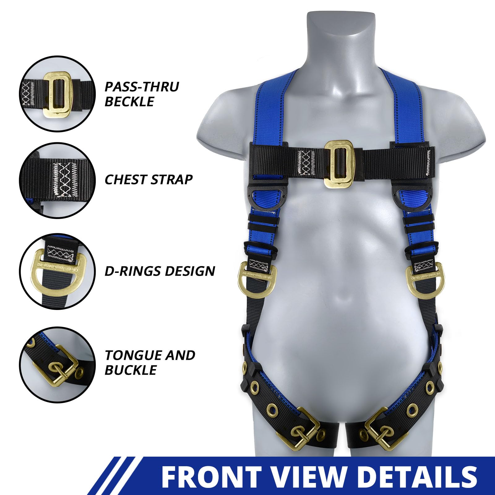 TRSMIMA Safety Harness Fall Protection - Men Full Body Construction Roofing Work Belt with 5 Point Adjustment Back D-Ring Grommet Legs OSHA ANSI