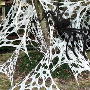 linaye giant spider webs with 49" realistic spider, 360 sqft stretchy beef netting with large scary spider, spider web cobwebs halloween decorations decor for outdoor indoor yard