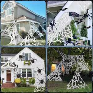 LINAYE Giant Spider Webs with 49" Realistic Spider, 360 Sqft Stretchy Beef Netting with Large Scary Spider, Spider Web Cobwebs Halloween Decorations Decor for Outdoor Indoor Yard