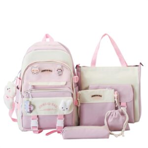 MIFJNF 5Pcs Kawaii Backpack Cute Backpack for School Aesthetic Backpack Kawaii School Supplies Backpack Set with Accessories (Pink)