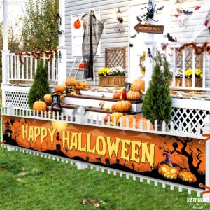katchon, happy halloween banner for outdoor - 120x20 inch | orange and black happy halloween yard banner | happy halloween yard sign for halloween yard decorations | halloween banners for outside