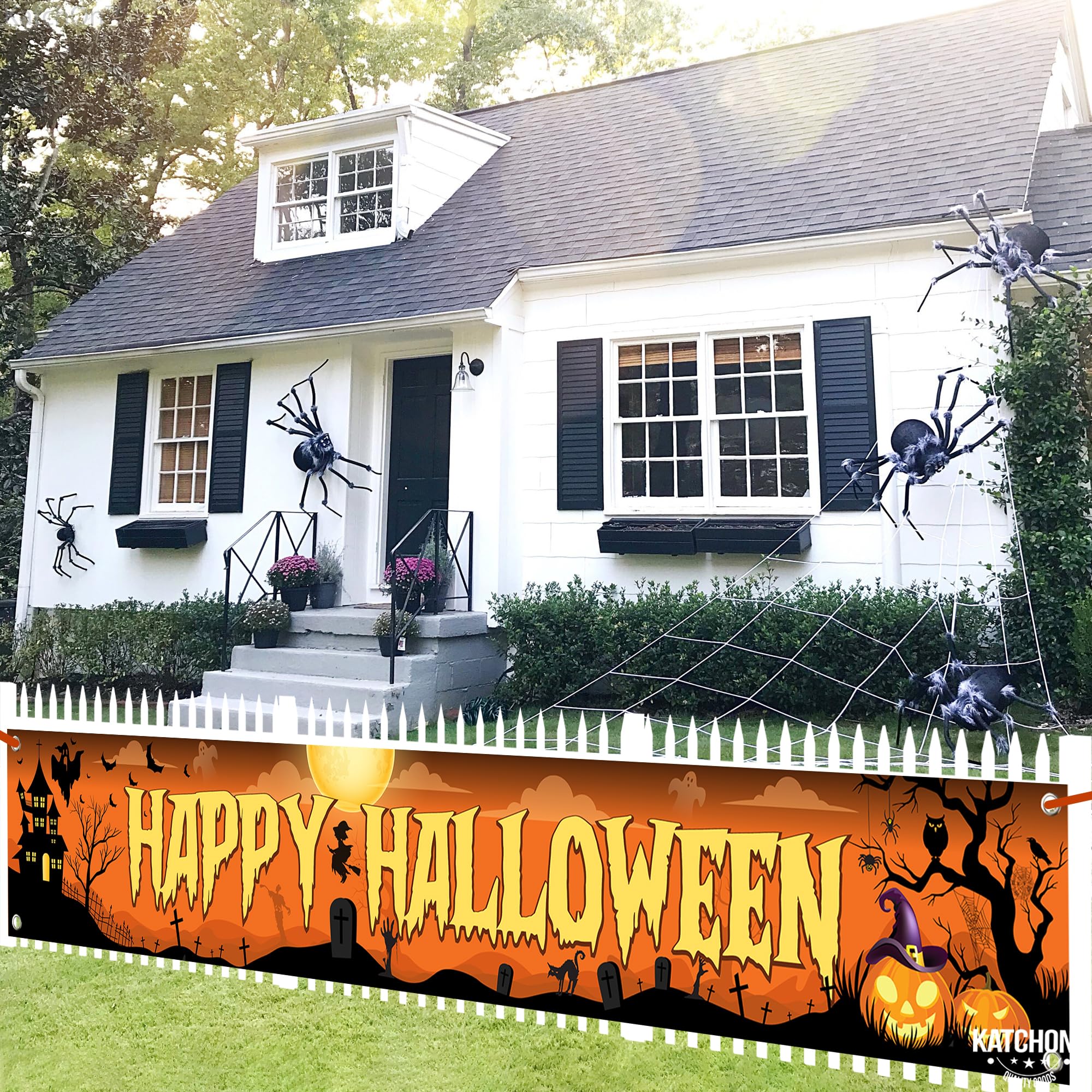 KatchOn, Happy Halloween Banner for Outdoor - 120x20 Inch | Orange and Black Happy Halloween Yard Banner | Happy Halloween Yard Sign for Halloween Yard Decorations | Halloween Banners for Outside