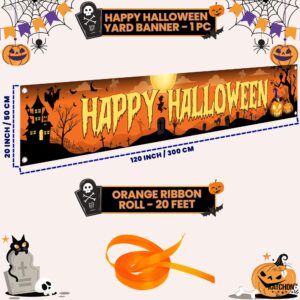 KatchOn, Happy Halloween Banner for Outdoor - 120x20 Inch | Orange and Black Happy Halloween Yard Banner | Happy Halloween Yard Sign for Halloween Yard Decorations | Halloween Banners for Outside