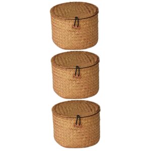 zerodeko 3pcs storage box with lid wicker baskets wicker basket with lid seagrass storage woven toilet paper storage basket storage basket for shelves round seaweed clamshell shelf basket