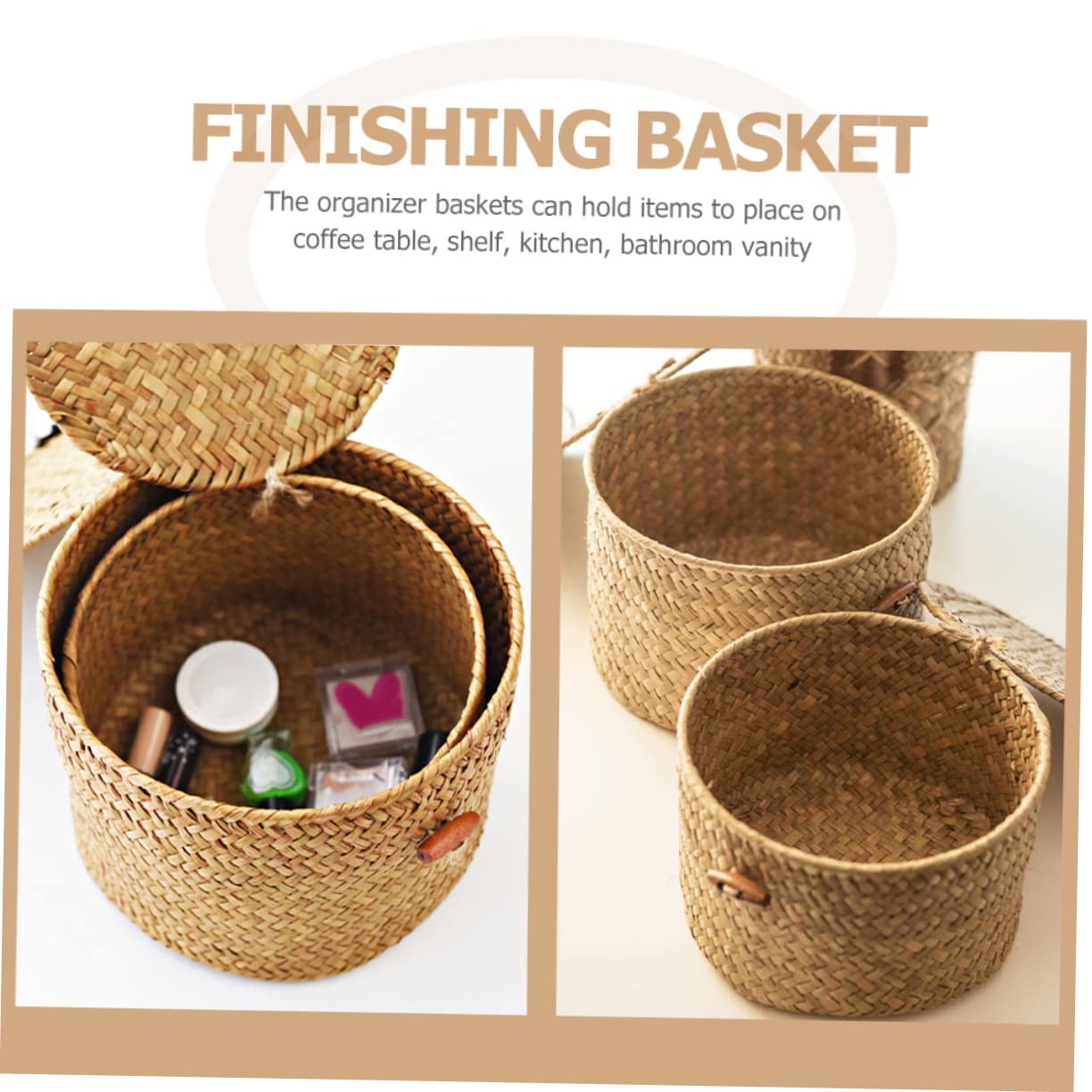 Zerodeko 3pcs Storage Box with Lid Wicker Baskets Wicker Basket with Lid Seagrass Storage Woven Toilet Paper Storage Basket Storage Basket for Shelves Round Seaweed Clamshell Shelf Basket