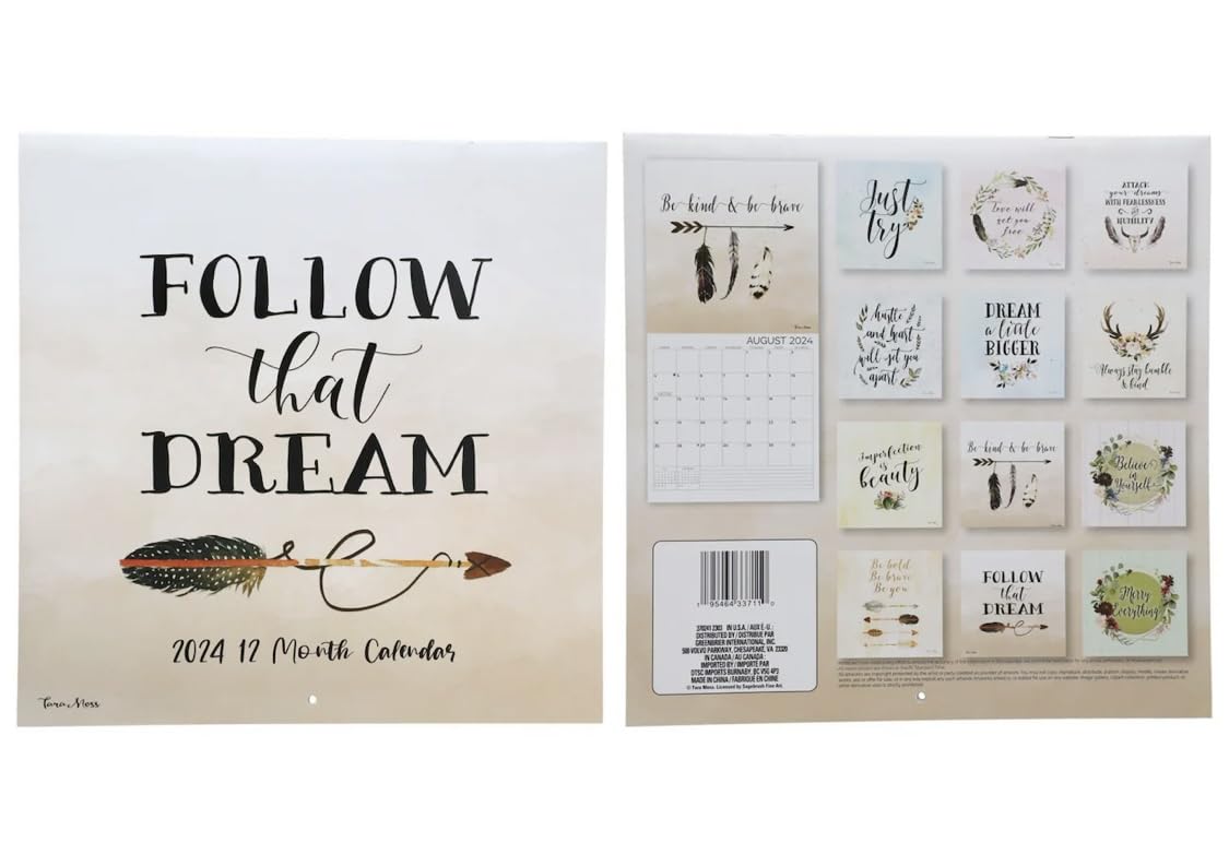 EABC 2024 Wall Calendar FOLLOW that DREAM 12 Month Illustrated Art Arrow Decoration Plan Ahead At A Glance 11' x 11" (bundle with KCBrand Sticker/gel pen) Home Office Inspiration Quotes