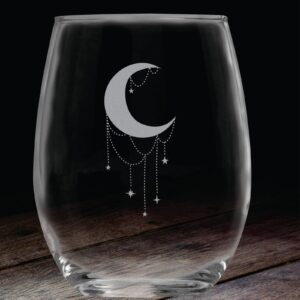 Crescent Moon Crystal - 15 oz Engraved Stemless Glass - Birthday Wine Gift - Love Potion - Mothers Day - Christmas - Apothecary Bar Collection - Full Moon Phase - Celestial Lunar - Witch Vibe - Tarot