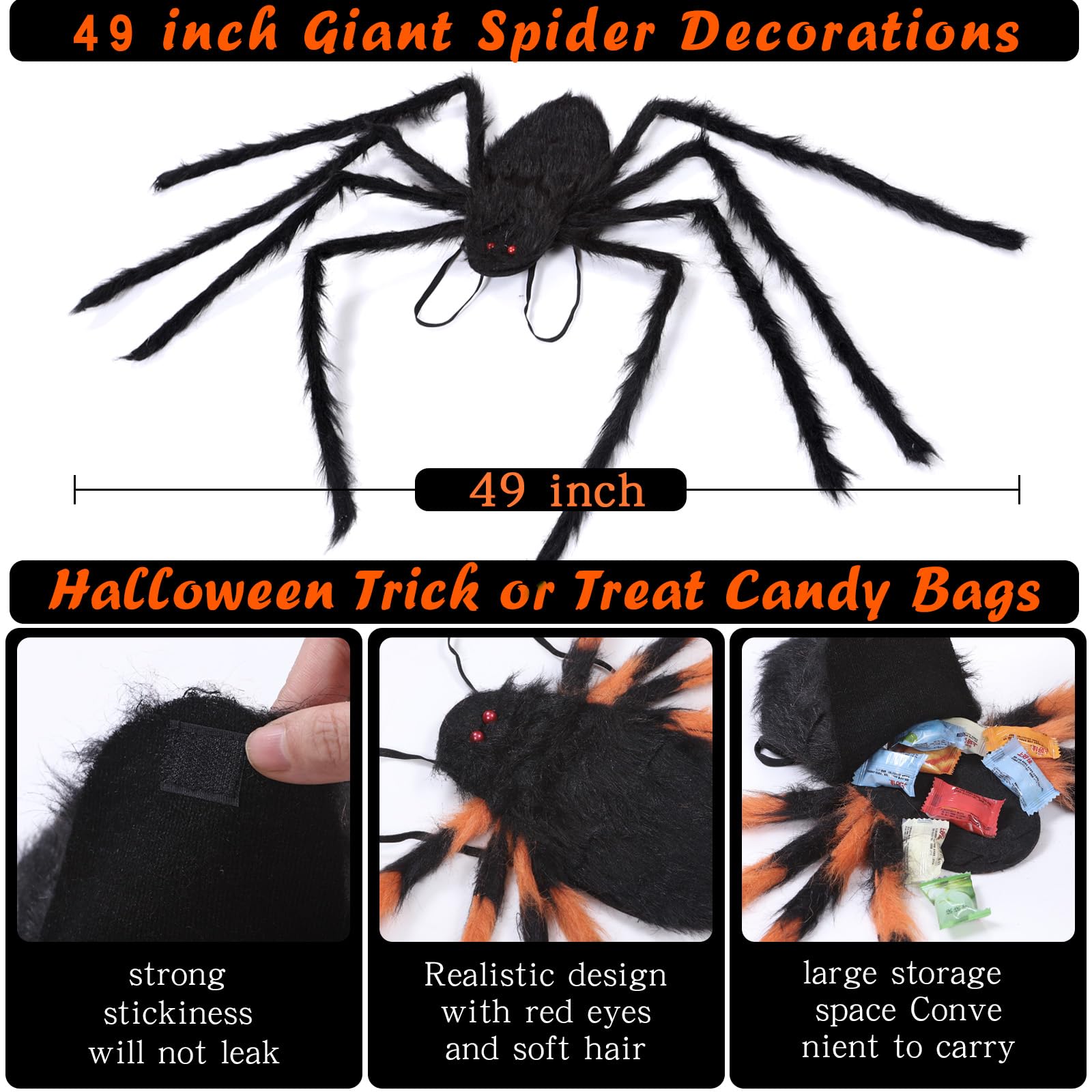 FathiSooc Halloween Spider Costume Party Decorations-Halloween Candy Spider Props with Straps for Kids realistic Spider Decor