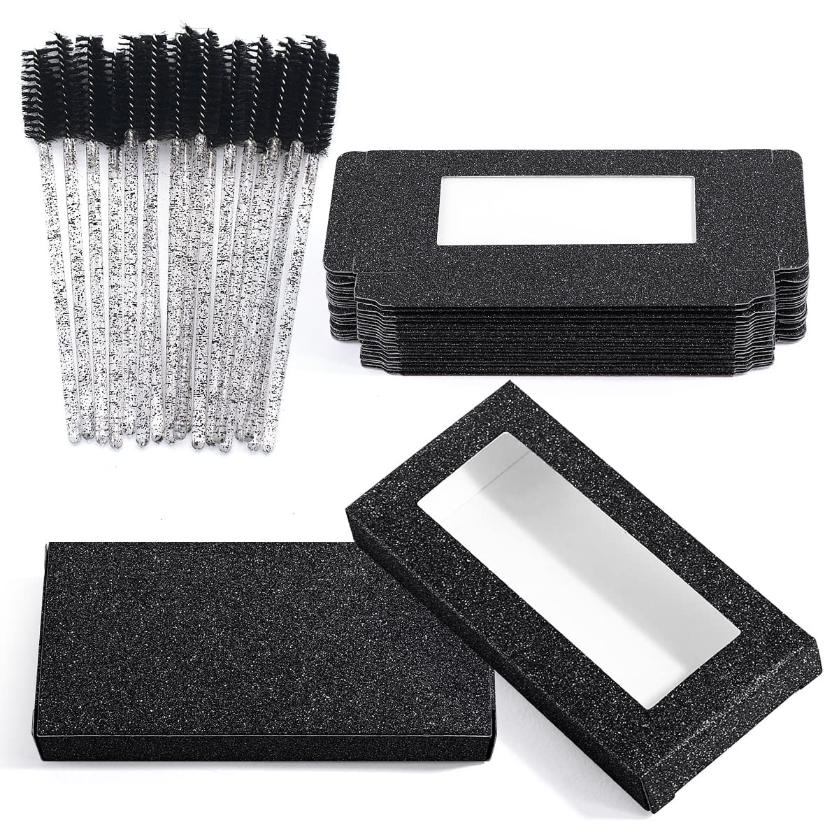 SiSiMu 40 Pieces Lash Packaging Wholesale Containers 20 Pieces Empty Lash Boxes Eyelashes Box Glitter Paper Boxes Soft Paper Lash Case Storage with 20pcs Disposable Mascara Wands(Black)