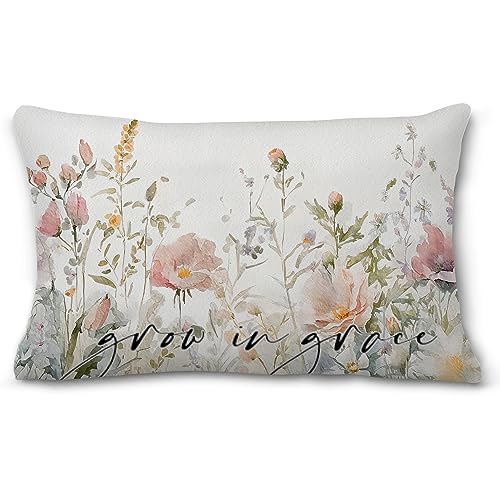 Lacosu Christian Bible Verse Grow in Grace Watercolor Wildflower Throw Pillow Cover Pillowcase for Couch Bed Sofa,12×20 inch,Christian Gifts