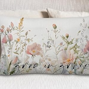 Lacosu Christian Bible Verse Grow in Grace Watercolor Wildflower Throw Pillow Cover Pillowcase for Couch Bed Sofa,12×20 inch,Christian Gifts