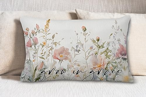 Lacosu Christian Bible Verse Grow in Grace Watercolor Wildflower Throw Pillow Cover Pillowcase for Couch Bed Sofa,12×20 inch,Christian Gifts