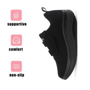 Oude Wedge Sneakers for Women Comfy | Wide Orthopedic Shoes for Women Shopping | Adjustable Velcro Closure 2 Inch Thick Rocker Bottom All Black Size 6.5