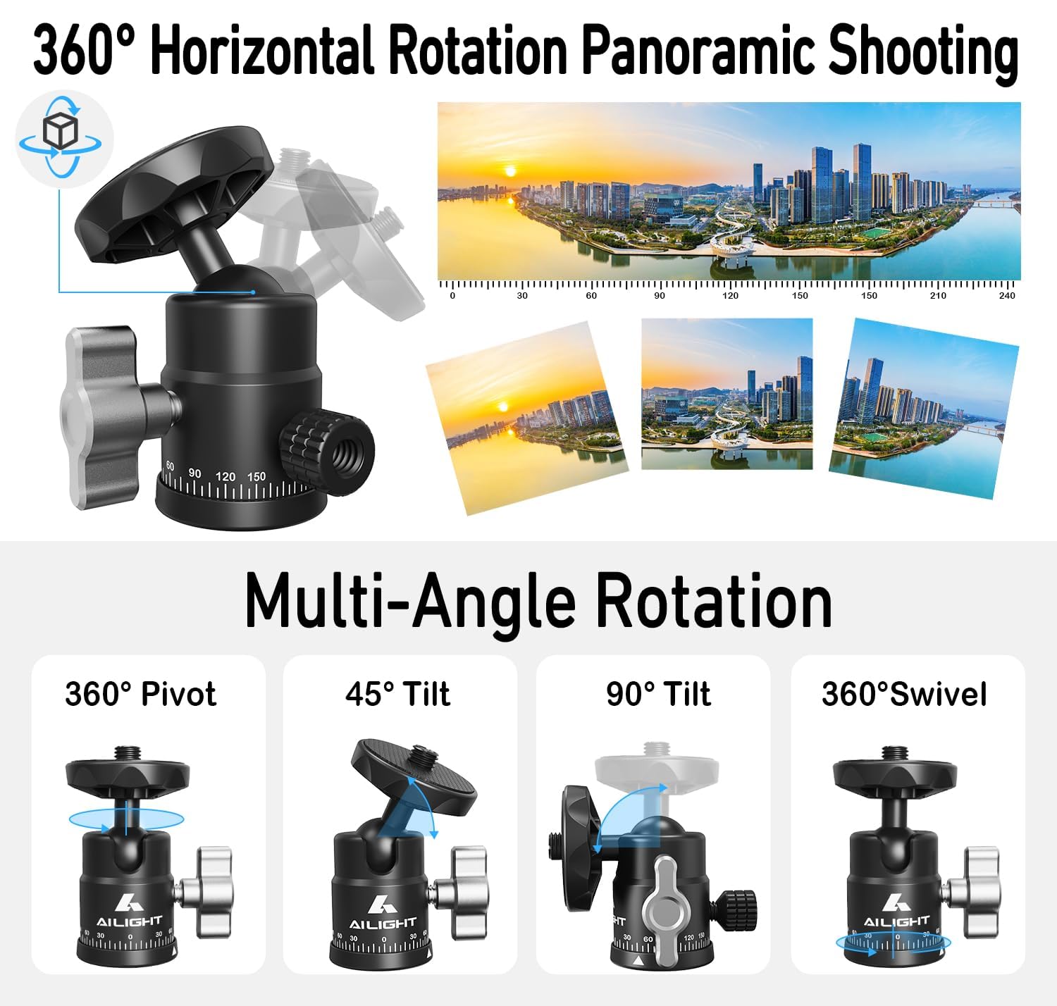 Mini Ball Head, Panoramic Tripod Head DSLR Camera Hot Shoe Mount + 1/4 3/8 Screw, 360° Rotatable Tripod Ball Head Photograph Accessories for Cameras Gopro Camcorder Smartphone Light