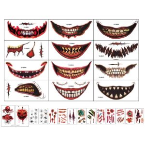26pcs halloween face big mouth fake tattoos for adults, scary prank makeup joker temporary tattoo kit women, halloween horror clown fake face stickers kids (big face)