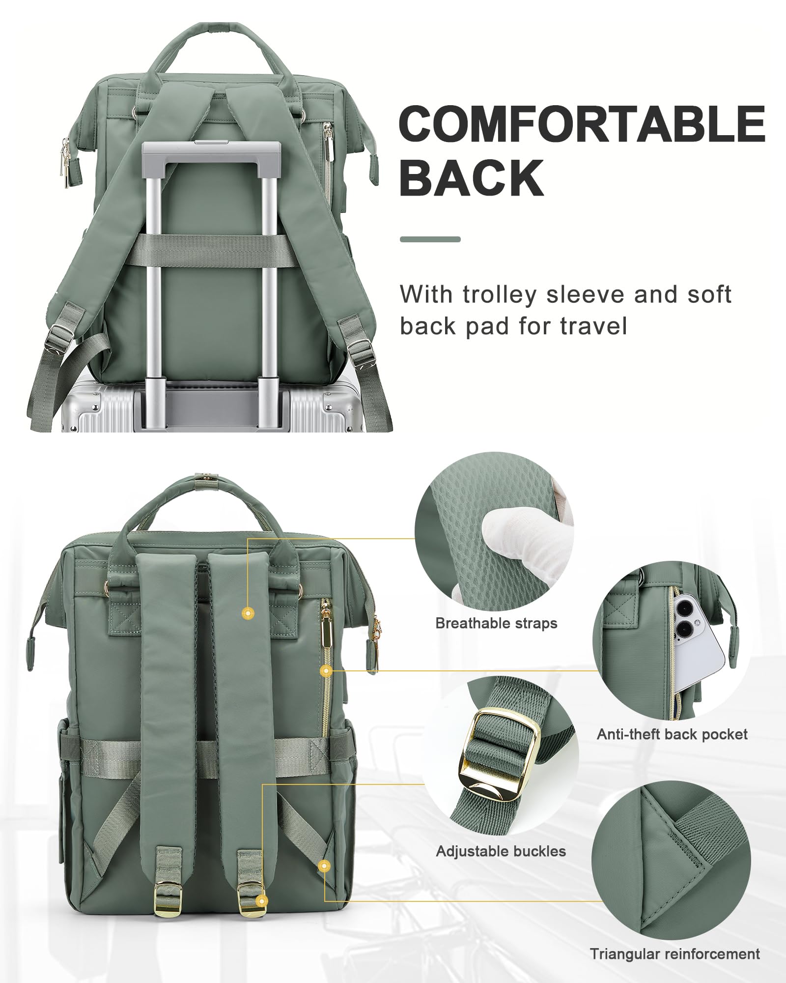 winspansy Travel Laptop Backpack for Women Men, Aesthetic Personal Item Size Carry on Backpack, Weekender College Casual Daypack Work Backpack Purse Waterproof Nurse Bag Fits 15.6 Inch Laptop, Green