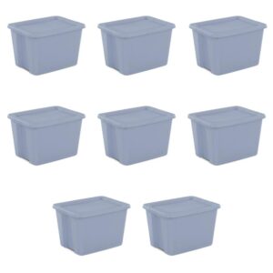 unikei 18 gallon tote box plastic, set of 8, opaque base, integrated handles, secure stacking, suitable for home, living room, bedroom, office, etc, blue