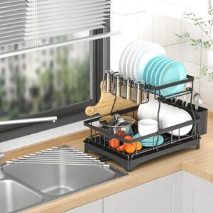 Yeepoo Dish Drying Rack 2 Tier and Triangle Roll-Up Drying Rack Set for Kitchen Counter Come with Cup Rack Utensil Holder Cutting Board Holder Rustproof Stainless Steel Dish Drainer with Drainboard