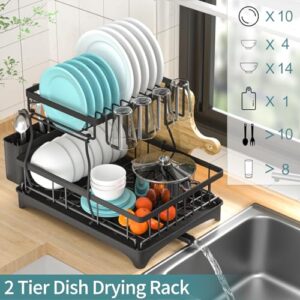 Yeepoo Dish Drying Rack 2 Tier and Triangle Roll-Up Drying Rack Set for Kitchen Counter Come with Cup Rack Utensil Holder Cutting Board Holder Rustproof Stainless Steel Dish Drainer with Drainboard